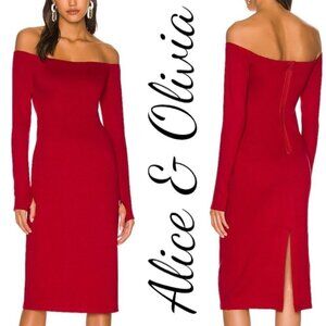 NWT ALICE & OLIVIA Dorinda Red Sheath Off-The-Shoulder Bodycon Midi‎ Dress, Sz 2